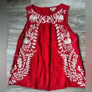 Lucky Brand Romantic Red Sleeveless Top with White Floral Embroidery Size M